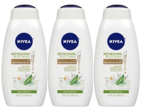 Nivea Refreshing Basil and White Tea Body Wash, Nourishing Serum 20 fl. oz. 3pk